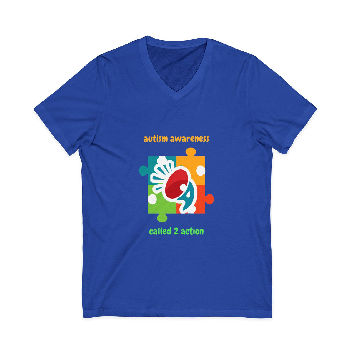 Autism Awareness V-Neck Tee - "Called 2 Action" Puzzle Heart Design