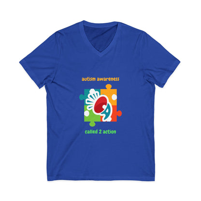Autism Awareness V-Neck Tee - "Called 2 Action" Puzzle Heart Design