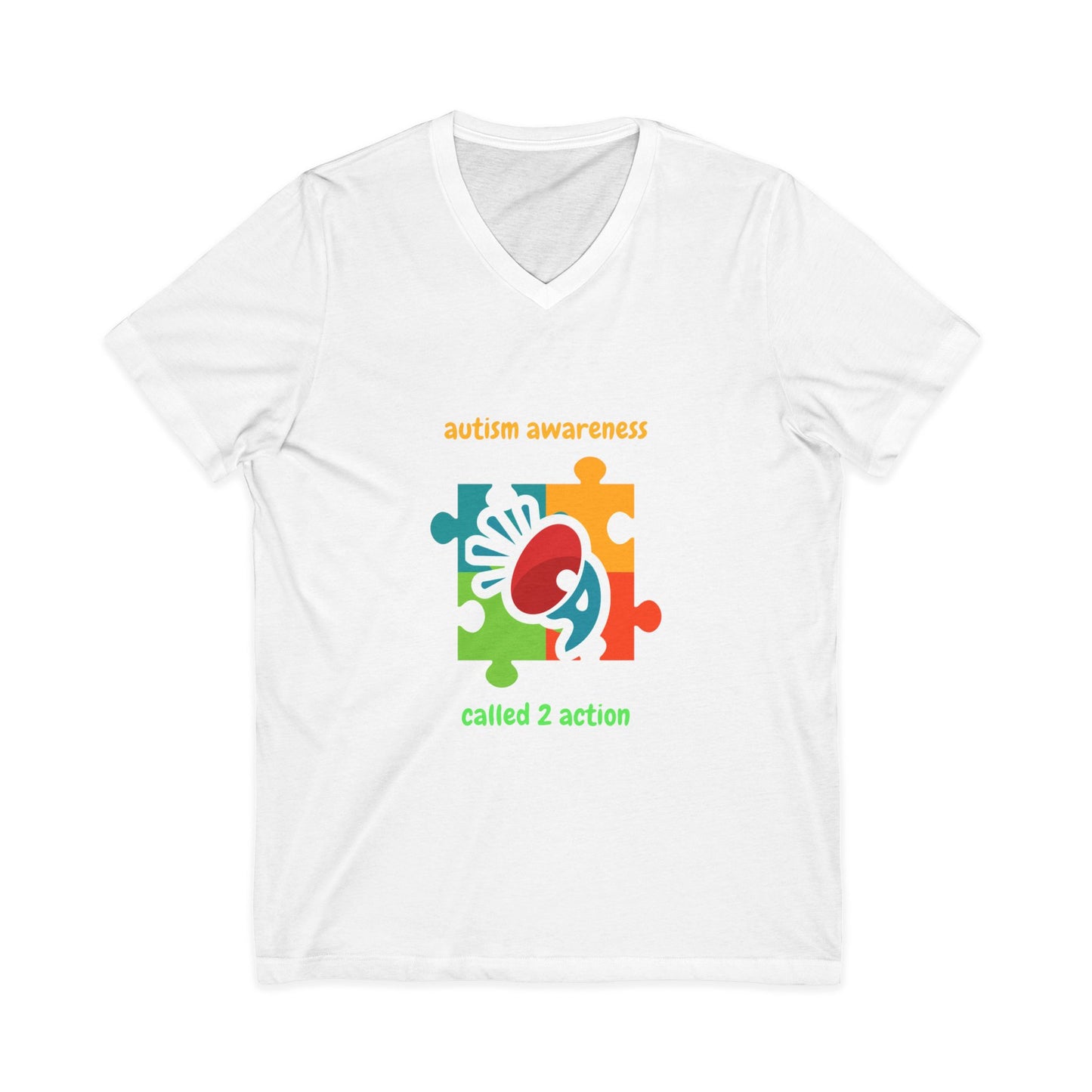 Autism Awareness V-Neck Tee - "Called 2 Action" Puzzle Heart Design