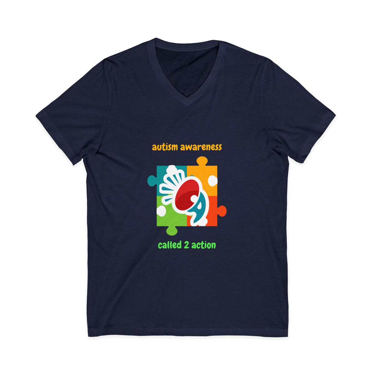 Autism Awareness V-Neck Tee - "Called 2 Action" Puzzle Heart Design
