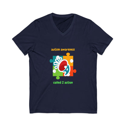 Autism Awareness V-Neck Tee - "Called 2 Action" Puzzle Heart Design