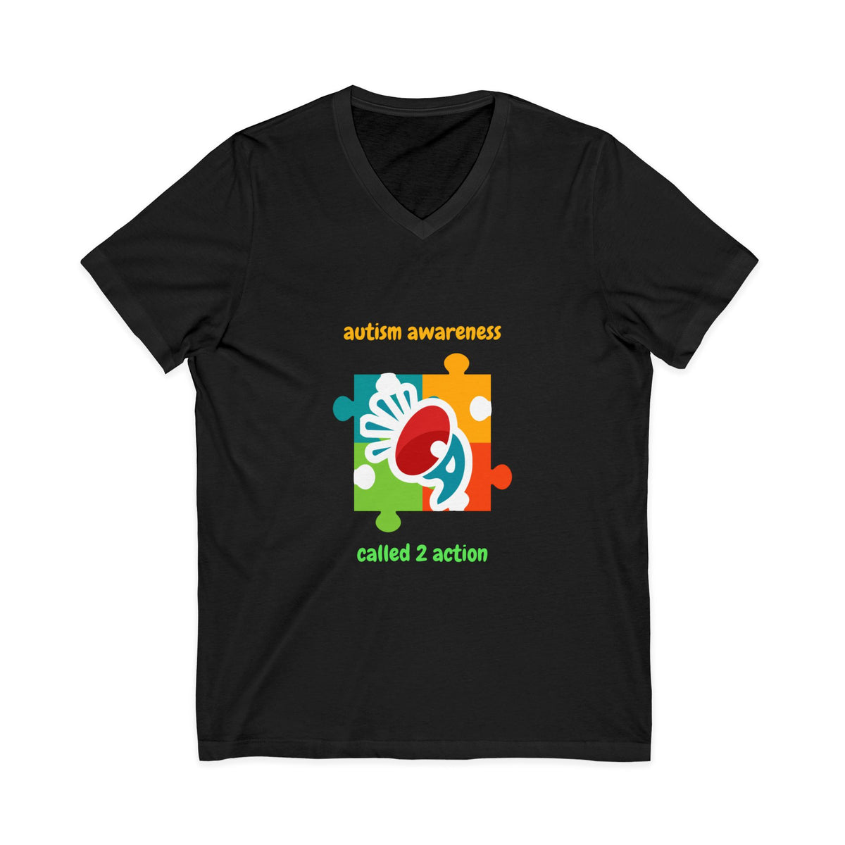 Autism Awareness V-Neck Tee - "Called 2 Action" Puzzle Heart Design