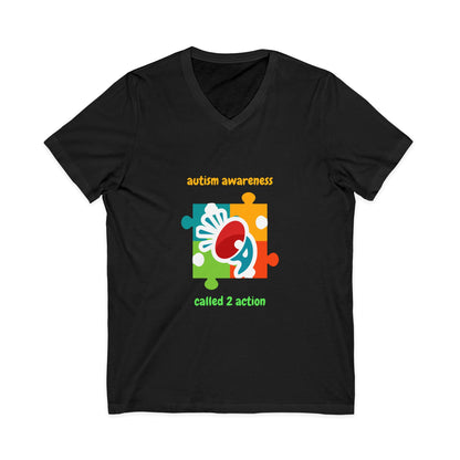 Autism Awareness V-Neck Tee - "Called 2 Action" Puzzle Heart Design