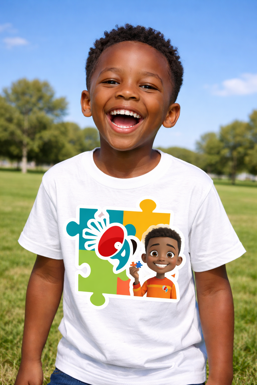 Autism Awareness Puzzle Tee — Kid-Friendly Design with Smiling Child & Puzzle Pieces