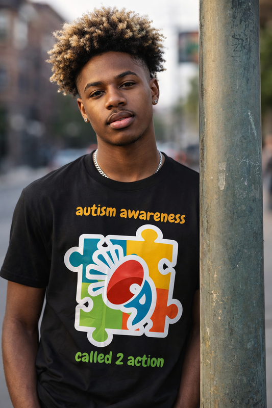 Autism Awareness V-Neck Tee - "Called 2 Action" Puzzle Heart Design