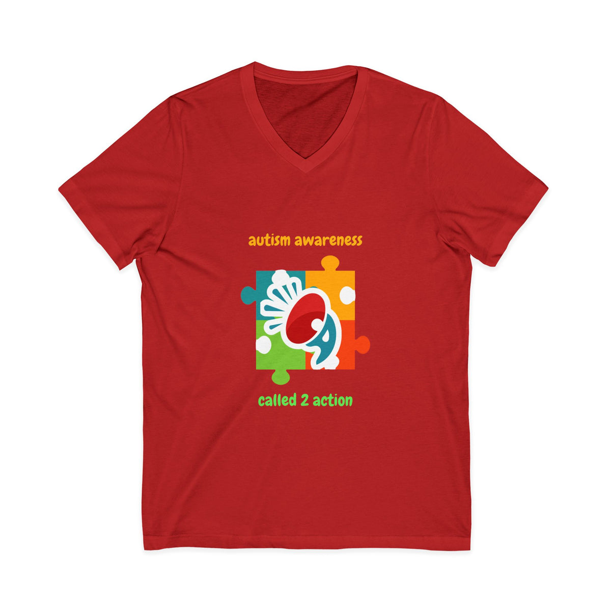 Autism Awareness V-Neck Tee - "Called 2 Action" Puzzle Heart Design