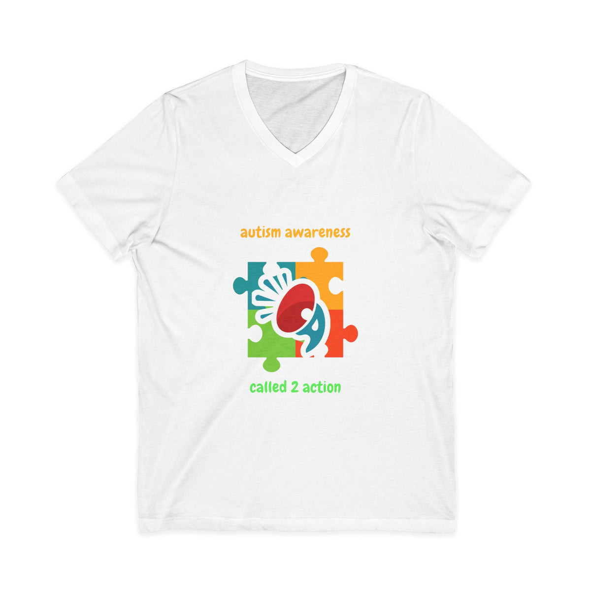 Autism Awareness V-Neck Tee - "Called 2 Action" Puzzle Heart Design