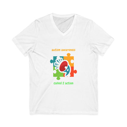 Autism Awareness V-Neck Tee - "Called 2 Action" Puzzle Heart Design